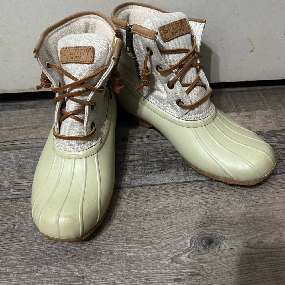 Sperry Saltwater Waterproof Rubber bottom Duck metallic Cream and Tan Duck Boots - Picture 8 of 11